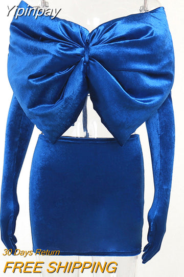 Yipinpay Piece Set Women Velvet Outfits Sexy Strapless Big Bowknot Corset Top+High Waist Mini Skirts 2023Spring Fall Night Prom Party